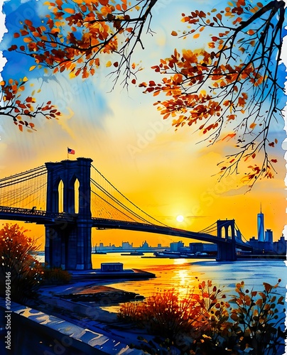 Sunset Over Brooklyn: A Watercolor Tribute to New York City’s Iconic Skyline