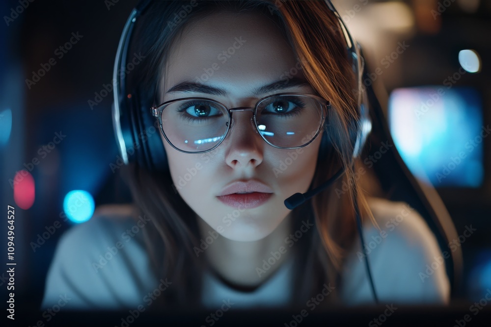 A determined woman wearing a headset, fully immersed in the gaming world, embodying focus, passion, and the engaging nature of interactive digital experiences. A determined woman wearing a headset, fully immersed in the gaming world, embodying focus, passion, and the engaging nature of interactive digital experiences.