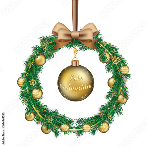 Ein runder Adventskranz mit goldenen Weihnachtskugeln und dem Text Frohe Weihnachten