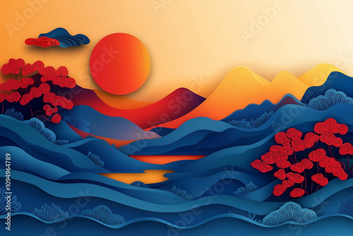 Papercut style of mountain and sky, Chinese newyear theme.
