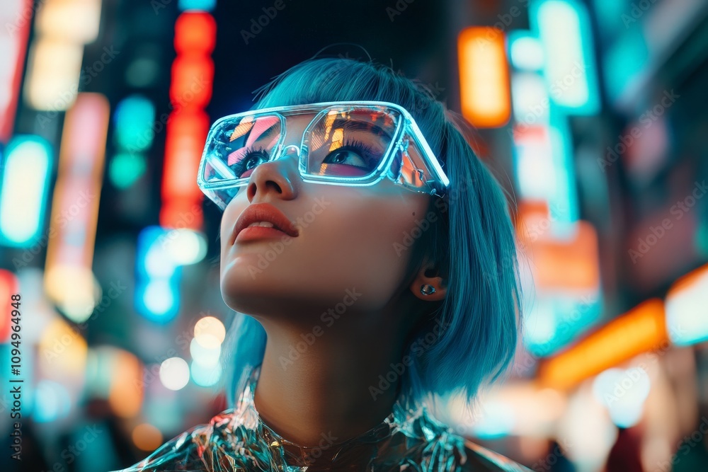 A woman with glowing futuristic eyewear gazes upwards, surrounded by neon lights, symbolizing aspirations, curiosity, and the blending of technology with vision. A woman with glowing futuristic eyewear gazes upwards, surrounded by neon lights, symbolizing aspirations, curiosity, and the blending of technology with vision.