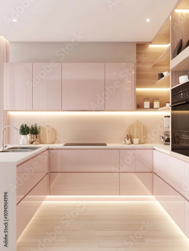 Modern Pink Kitchen With Wooden Accents And Under Cabinet Lighting