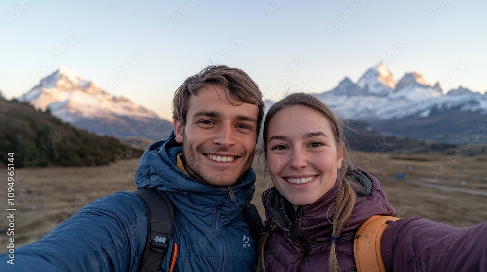 Couple enjoys memorable adventure in breathtaking mountain landscape at sunset Couple enjoys memorable adventure in breathtaking mountain landscape at sunset