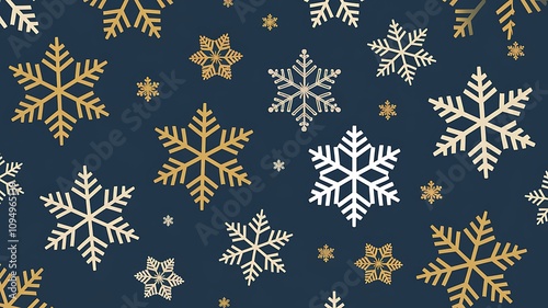 Stylish Gold and White Snowflakes Pattern on Navy Background