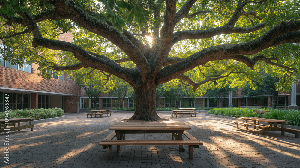 Obraz premium One large tree with empty campus benches underneath - Soft afternoon light, peaceful