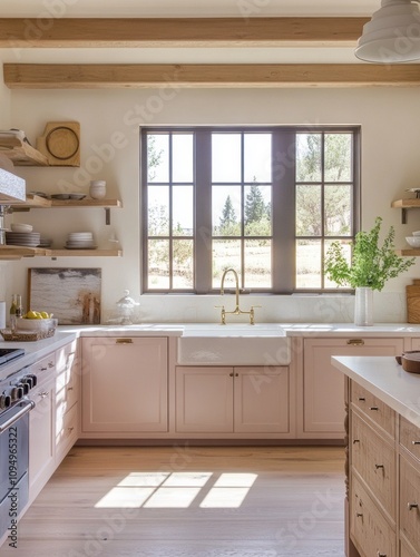 Sunlit Farmhouse Kitchen With Pink Cabinets And Wooden Beams