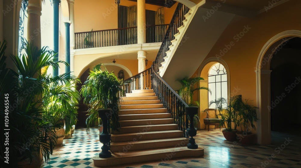 Elegant Interior of a Grand Staircase Surrounded by Lush Green Plants and Beautiful Architecture in a Luxurious Home Setting Elegant Interior of a Grand Staircase Surrounded by Lush Green Plants and Beautiful Architecture in a Luxurious Home Setting