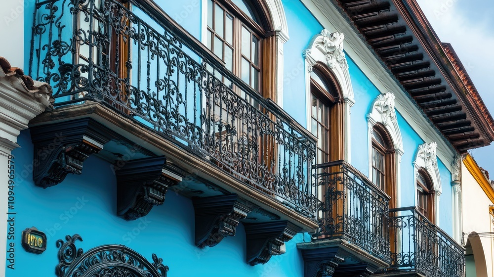 Charming Blue Colonial Building with Intricate Ironwork Balconies in Historic Neighborhood Showcasing Artistic Architectural Features and Vibrant Colors Charming Blue Colonial Building with Intricate Ironwork Balconies in Historic Neighborhood Showcasing Artistic Architectural Features and Vibrant Colors