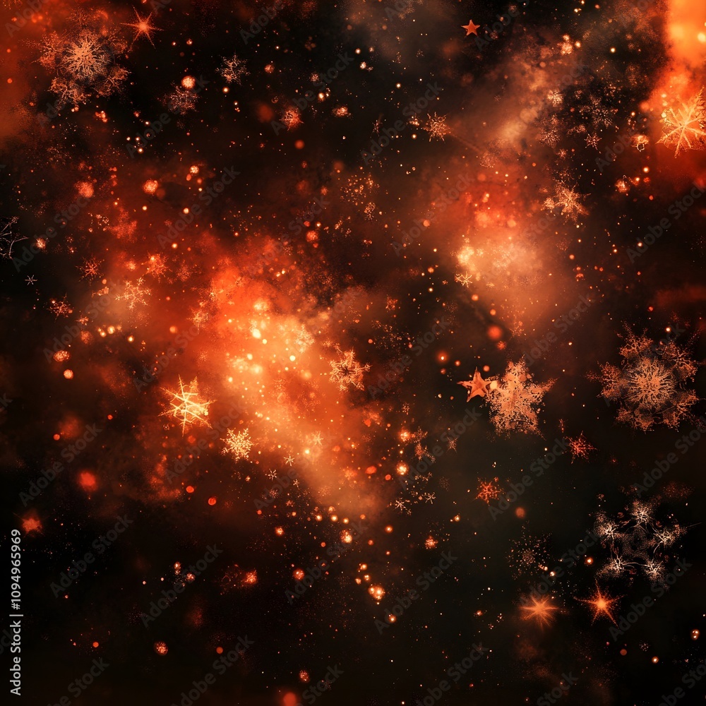 Fototapeta premium Fiery orange and black winter nebula with snowflakes.