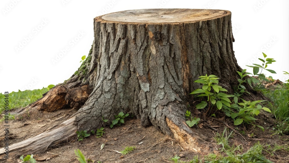 Tree trunk with prominent year rings and a decaying base, forest, wooden, environmental Tree trunk with prominent year rings and a decaying base, forest, wooden, environmental