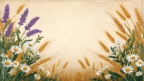 wheat field and flowers Tranquil Floral Frame with Golden Hour Glow Background