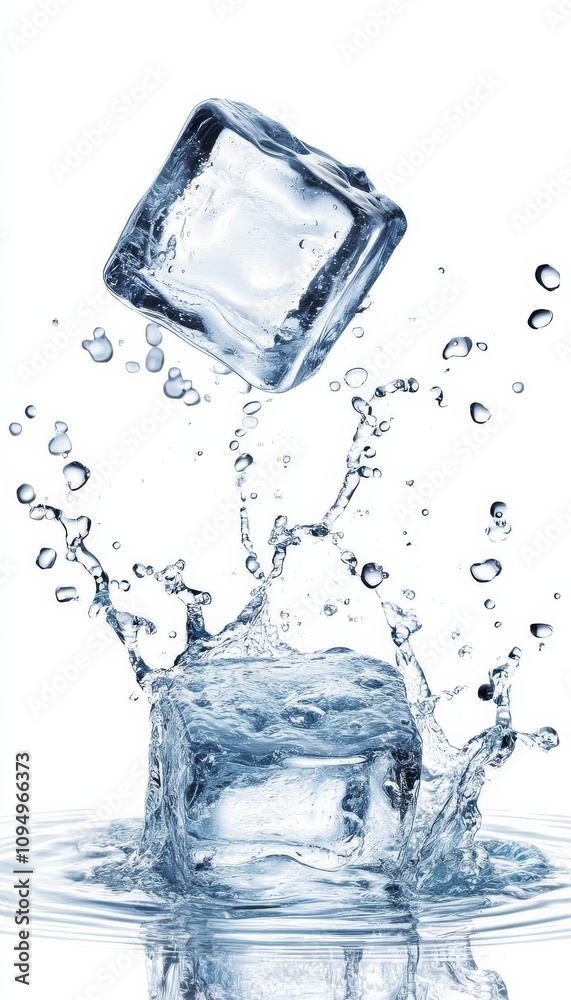 Stunning clear ice cube creates captivating water splashes. Stunning clear ice cube creates captivating water splashes.