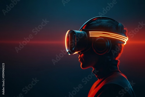 A person wearing a glowing virtual reality headset, symbolizing the immersive experience and transformative potential of VR in modern entertainment and technology.