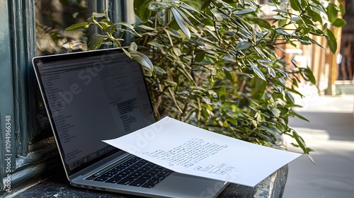 An A4 paper partially covered by an open laptop, workspace setting.  photo