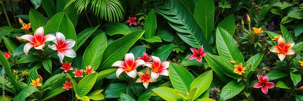 Tropical flowers and foliage in a garden, garden, nature, flowers Tropical flowers and foliage in a garden, garden, nature, flowers