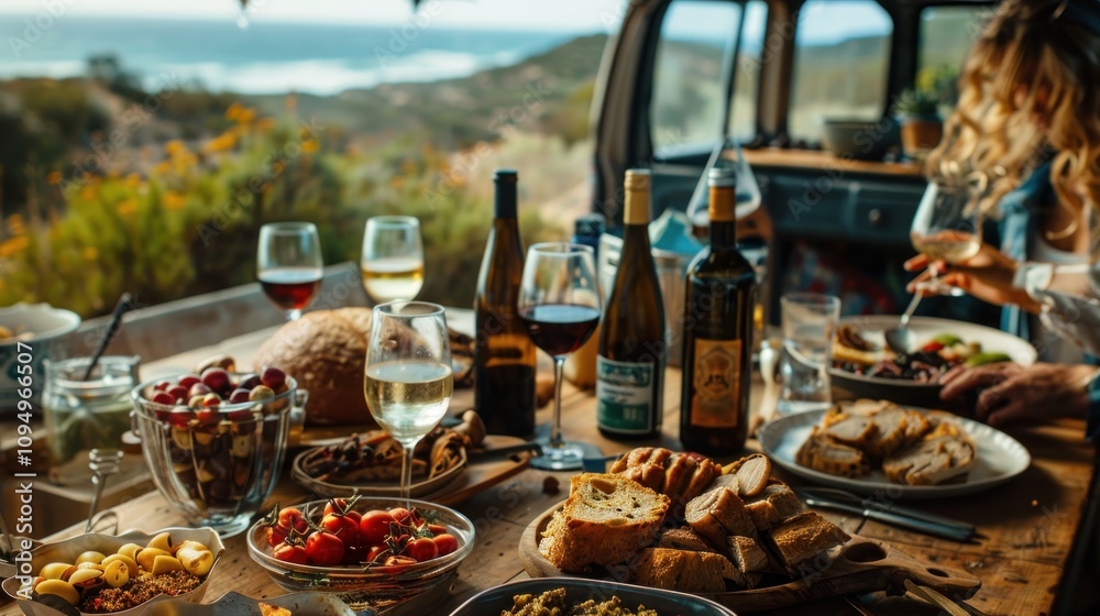 A cozy outdoor dining scene with various dishes, drinks, and a scenic view. A cozy outdoor dining scene with various dishes, drinks, and a scenic view.