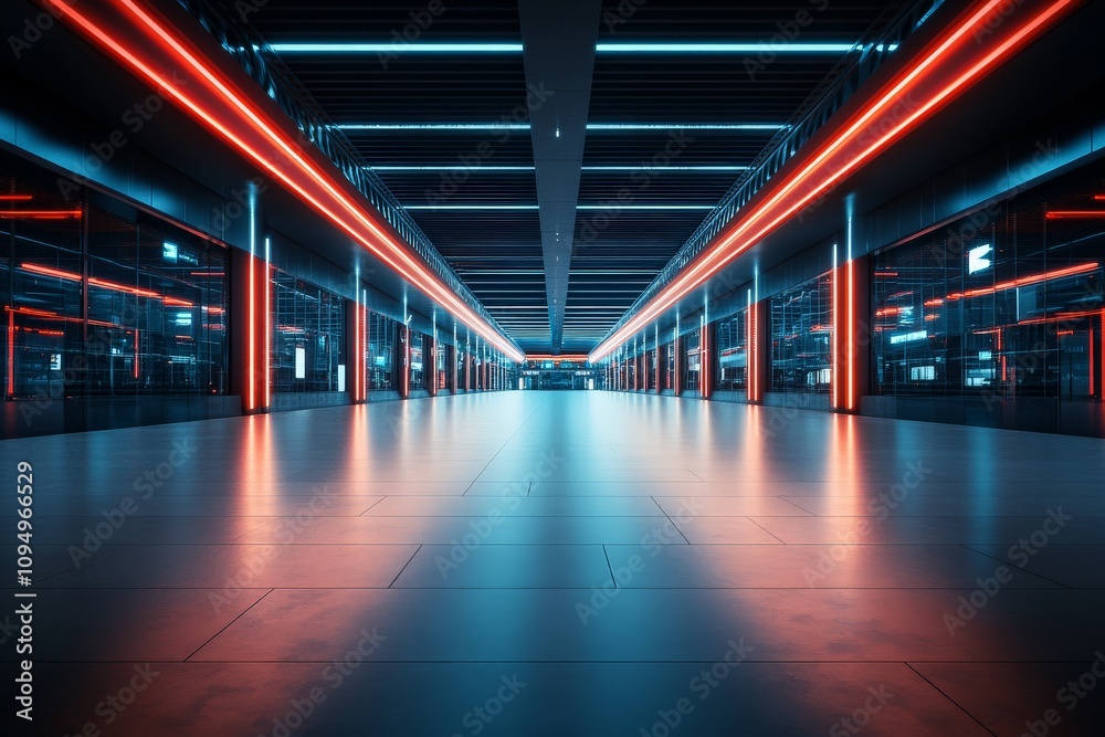 A long, modern hallway illuminated by blue and red neon lights, creating a futuristic atmosphere reminiscent of cutting-edge architectural design and innovation. A long, modern hallway illuminated by blue and red neon lights, creating a futuristic atmosphere reminiscent of cutting-edge architectural design and innovation.