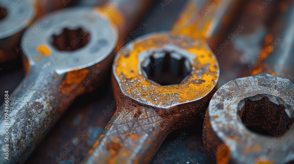 A close-up of rusted wrenches showcasing wear and aging in tools. A close-up of rusted wrenches showcasing wear and aging in tools.