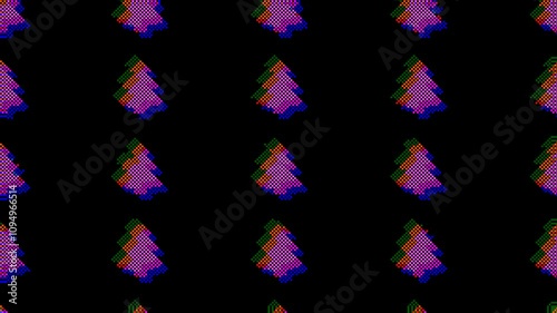 Lo-fi retro 8bit pixel art abstract Christmas, new year holiday background - colorful Xmas fir trees in mosaic style or 2d pixel design. Looped video glitch animation, retro futuristic digital footage