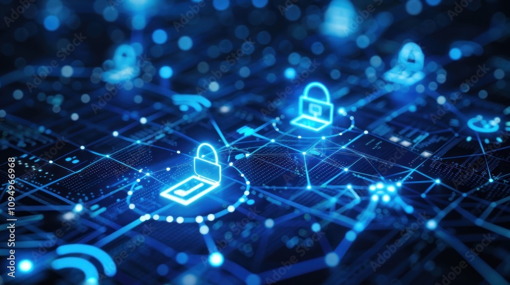 A digital network with glowing locks symbolizing cybersecurity and data protection. A digital network with glowing locks symbolizing cybersecurity and data protection.