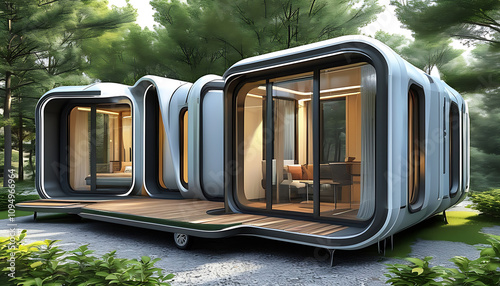 Modern modular prefab mobile home surrounded by lush greenery