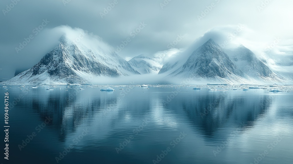 Serene icy mountains reflected in calm waters, shrouded in mist and clouds. Serene icy mountains reflected in calm waters, shrouded in mist and clouds.