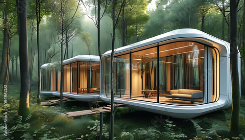 Futuristic modular prefab house in serene forest setting
