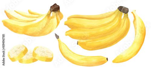 Banana set watercolor. Ripe Bananas, isolated yellow fruits on white background. Whloe Tropical food delicious illustration. photo