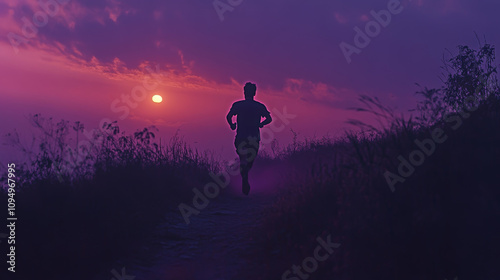 A man running on a trail, his figure outlined against the purple sunset. photo