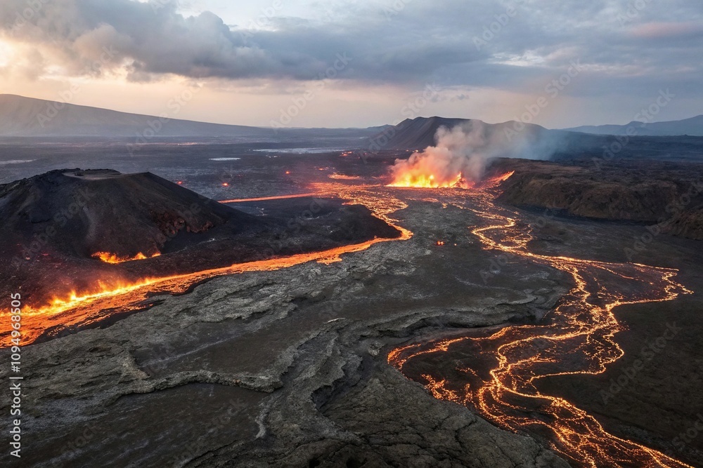 Volcanic landscape with burning lava, lava, geological features