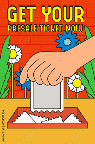 Hand inserting ticket inside box design for promotional event and ticket in cartoon retro hand drawn vector illustration