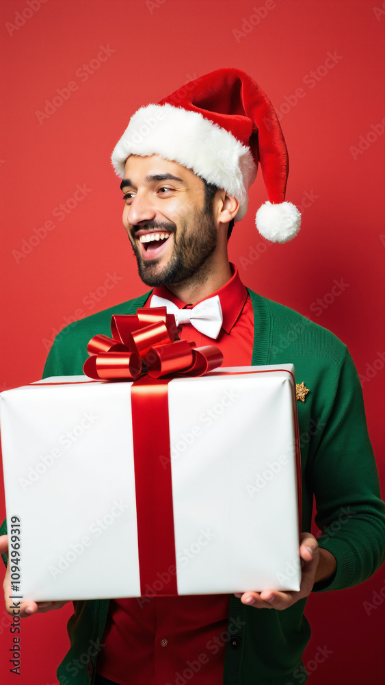 Festive Man with Christmas Gift: Holiday Cheer for Seasonal Advertising and Greeting Card Designs Festive Man with Christmas Gift: Holiday Cheer for Seasonal Advertising and Greeting Card Designs