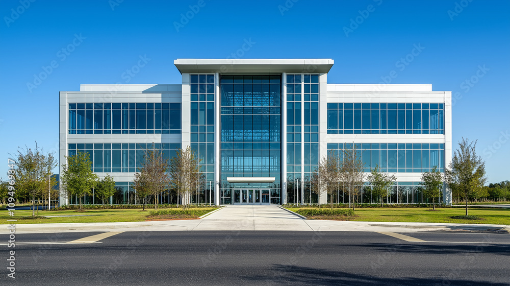 Fototapeta premium One main building with clear blue sky behind - Bright and minimal