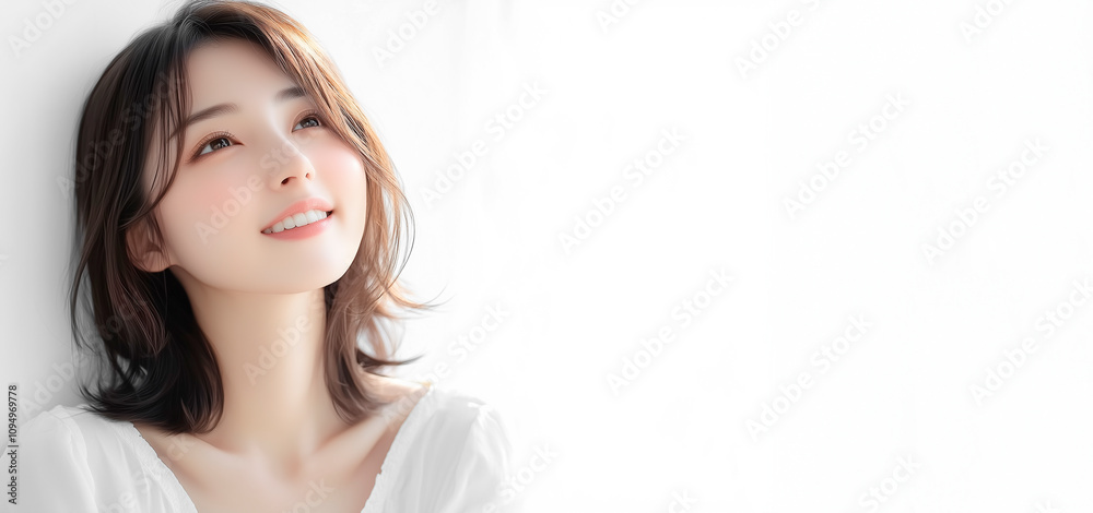 白いコピースペースのある背景に若くて可愛い笑顔の日本人の女性