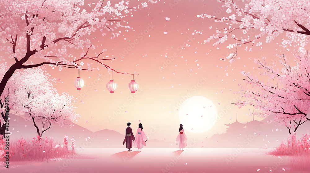 Illustration of people walking away under sakura trees asian landscape and pink cherry blossoms paper lanterns floating in the sky