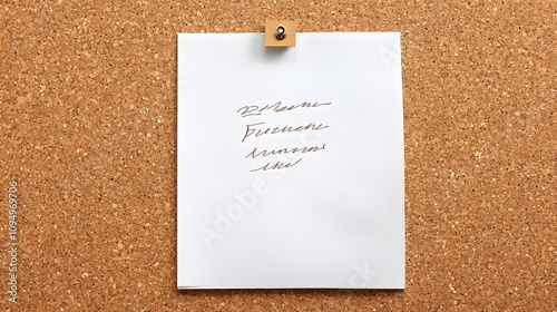 A sheet of A4 paper with a handwritten note, placed on a corkboard.  photo