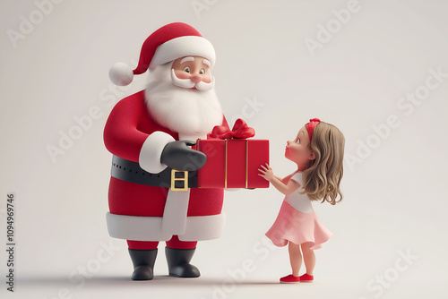 3D cartoon of santa claus with a girl. Portrait of Santa Claus with a little girl looking at a gift photo