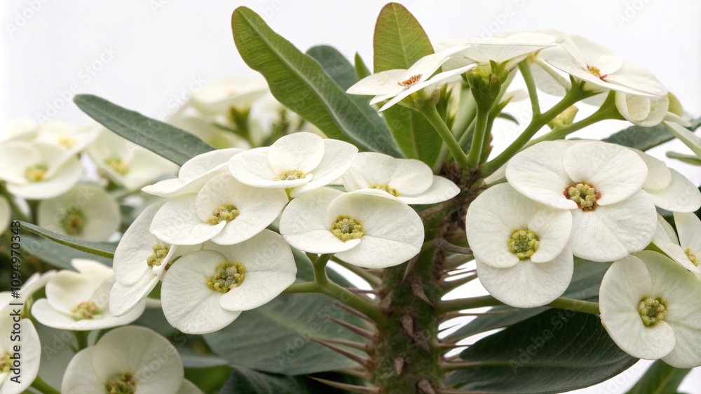Fototapeta premium White euphorbia flowers with delicate petals and prominent central spines on a mature plant, succulent in bloom, desert plant, euphorbia