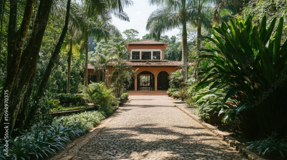 Serene Pathway Leading to an Elegant House Surrounded by Lush Greenery in a Tropical Garden Setting with Palm Trees and Vibrant Flora Serene Pathway Leading to an Elegant House Surrounded by Lush Greenery in a Tropical Garden Setting with Palm Trees and Vibrant Flora