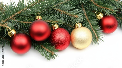 Festive Christmas Tree Ornaments on Pine Branches with Red and Gold Baubles Perfect for Holiday Celebrations and Seasonal Decor Inspiration