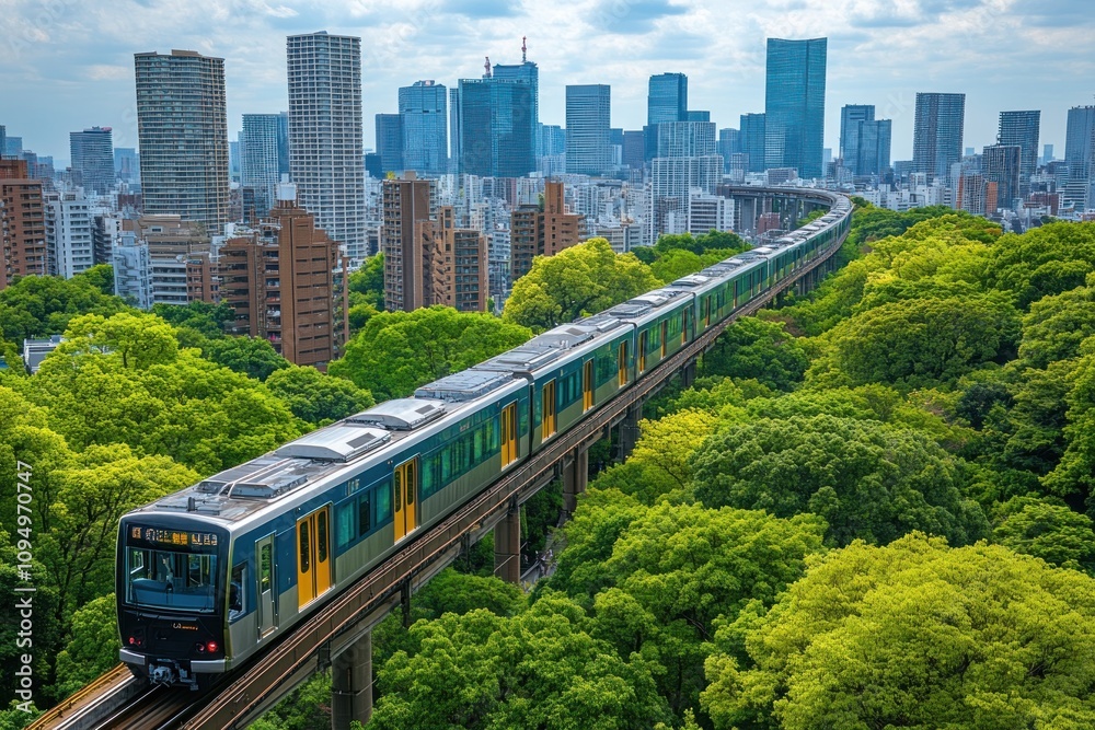Elevated public transit connects city skyscrapers while surrounded by lush foliage