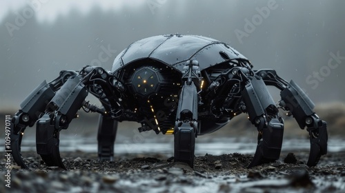 A futuristic robotic spider designed for exploration in rugged environments.
