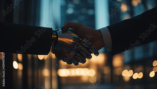 A human hand and a robot hand shaking hands, with the background of an office building illuminated by lights. The scene captures elements symbolizing business and technologyy