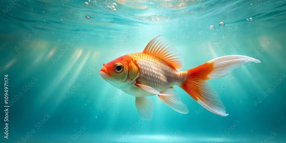 Fototapeta premium An Elegant Goldfish Gracefully Swimming in the Clear Aqua Waters of a Pond