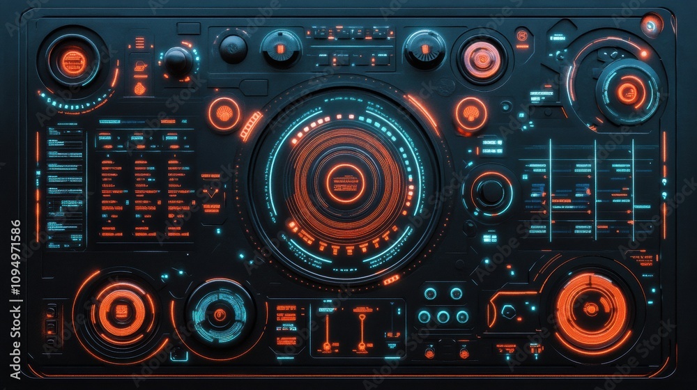 Fototapeta premium Futuristic control panel with glowing neon interface and intricate details, AI