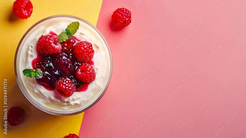 Creamy yogurt parfait topped with fresh raspberries, perfect for summer refreshment or a healthy breakfast Creamy yogurt parfait topped with fresh raspberries, perfect for summer refreshment or a healthy breakfast