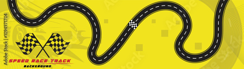 Creative vector illusion of race track isolated on yellow background. Speed race track background design with sport car.