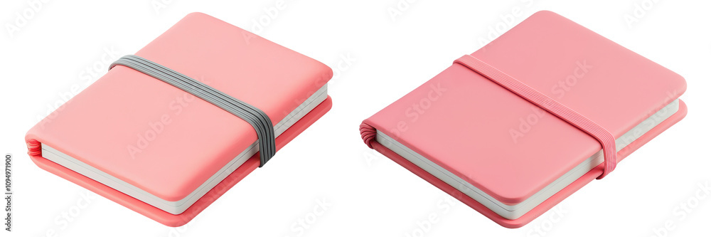 Two stylish pink notebooks with elastic bands, perfect for jotting down notes or ideas. transparent background. Two stylish pink notebooks with elastic bands, perfect for jotting down notes or ideas. transparent background.