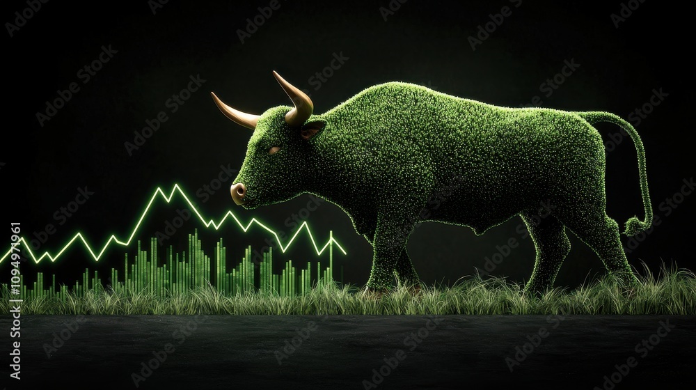 Bull with green neon glow representing stock market trends financial overview digital art modern environment dynamic perspective investment insights