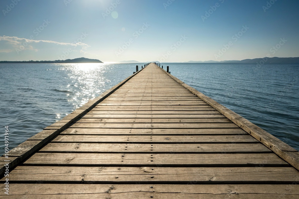 Fototapeta premium Wooden pier stretching into the distance with sunlight reflecting off its surface, pier, water